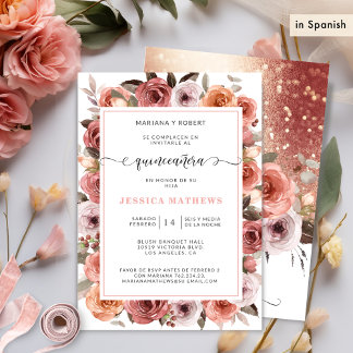 Spanische Rose Gold Quinceañera Rosa, Blütenblau Einladung