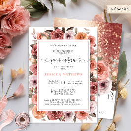Spanische Rose Gold Quinceañera Rosa, Blütenblau Einladung