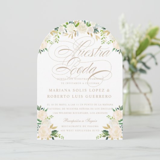 Spanische Sprache Nuestra Boda blüht pintadas arc Einladung (Stehend Vorderseite)