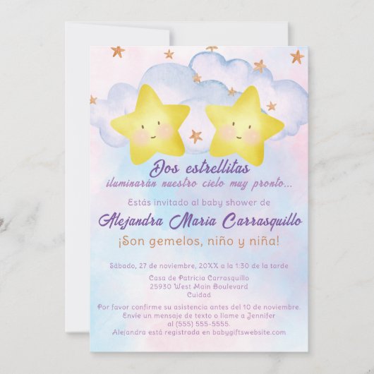 Spanische Stars Pink Blue Twins Baby Dusche Einladung (Vorderseite)