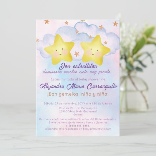 Spanische Stars Pink Blue Twins Baby Dusche Einladung (Stehend Vorderseite)