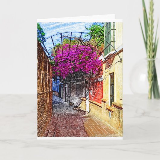 Spanische Straße mit violetten Blumen Karte (Vorderseite)