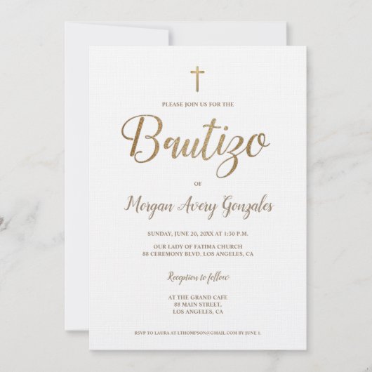 Spanische Taufe Gold Cross White Simple Bautizo Einladung (Vorderseite)