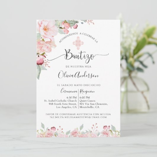 Spanische Taufe Rosa und Minzflorale Einladung (Stehend Vorderseite)