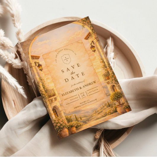 Spanische Torbogen-Romanze-Hochzeit Save The Date