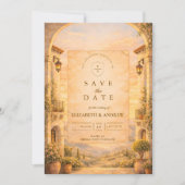 Spanische Torbogen-Romanze-Hochzeit Save The Date (Vorderseite)