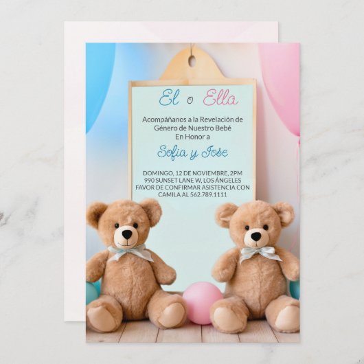 Spanischen Teddy Bären Adventure Gender Reveal Einladung (Vorne/Hinten)