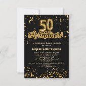 Spanischer Black & Gold Confetti 50. Geburtstag Einladung (Vorderseite)