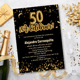 Spanischer Black & Gold Confetti 50. Geburtstag Einladung