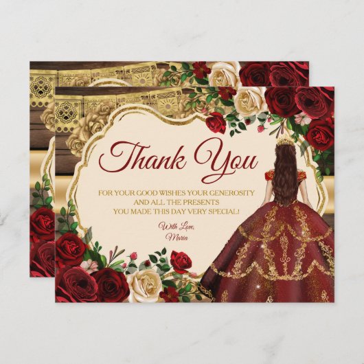 Spanischer Burgund floraler Rustikaler Holz Mis Qu Dankeskarte (Vorne/Hinten)