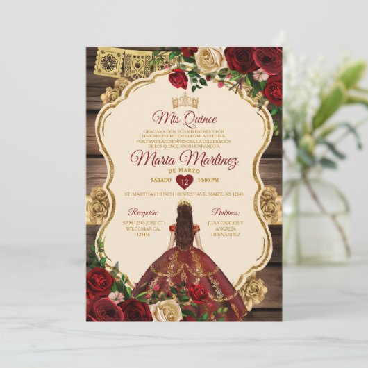 Spanischer Burgund floraler Rustikaler Holz Mis Qu Einladung (Stehend Vorderseite)