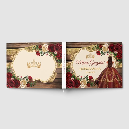 Spanischer Burgund floraler Rustikaler Holz Mis Qu Gästebuch (Voll)