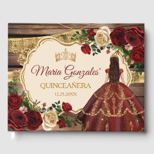 Spanischer Burgund floraler Rustikaler Holz Mis Qu Gästebuch