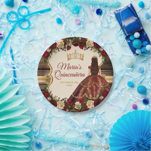 Spanischer Burgund floraler Rustikaler Holz Mis Qu Pappteller (Party)