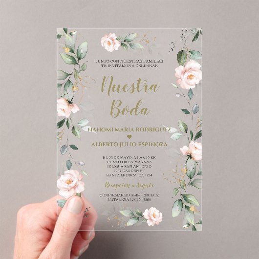 Spanischer Charm Pink Floral Gold Nuestra Boda Acryleinladungen (Insitu (Handheld))