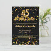 Spanischer Chic Black and Gold Confetti 45. Geburt Einladung (Stehend Vorderseite)