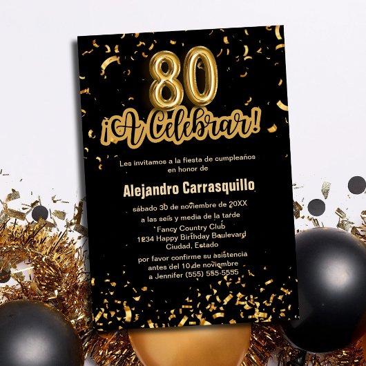 Spanischer Chic Black & Gold Confetti 80. Geburtst Einladung