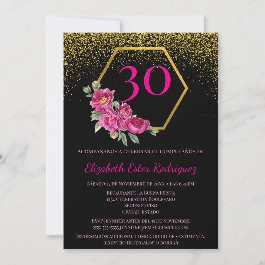 Spanischer Chic Black Gold Pink 30. Geburtstag Einladung (Vorderseite)