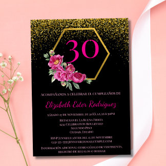Spanischer Chic Black Gold Pink 30. Geburtstag Einladung