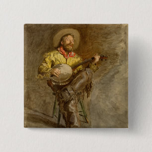 Spanischer Cowboy singt Trail Song mit Banjo-Spiel Button
