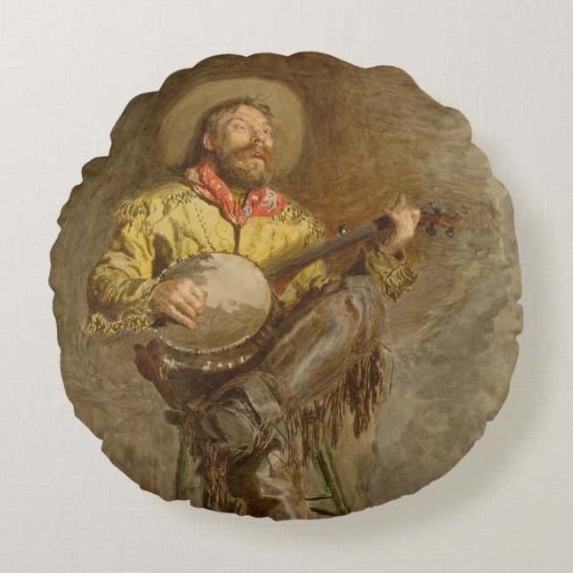 Spanischer Cowboy und Banjo Playing Trail Song Rundes Kissen (Vorderseite)