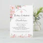 Spanischer Erste Kommune Peach and Mint Floral Einladung (Stehend Vorderseite)