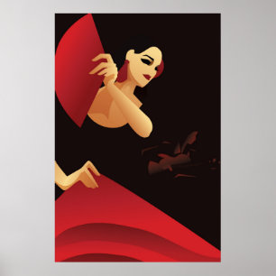 Spanischer Flamenco-Tänzer mit Ventilator, schwarz Poster