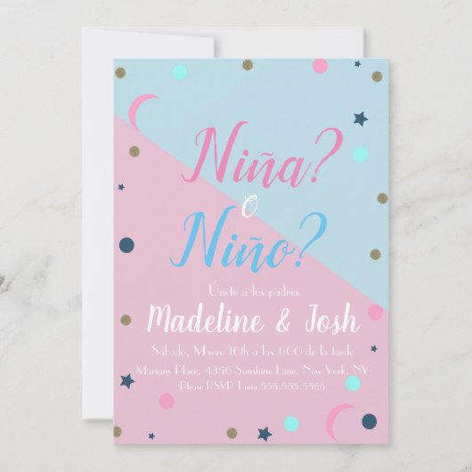 Spanischer Gender Offenbarungsjunge oder Girl Star Einladung (Vorderseite)