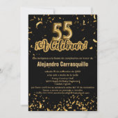 Spanischer Glam Black & Gold Confetti 55. Geburtst Einladung (Vorderseite)