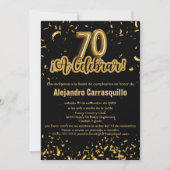 Spanischer Glam Black & Gold Confetti 70. Geburtst Einladung (Vorderseite)