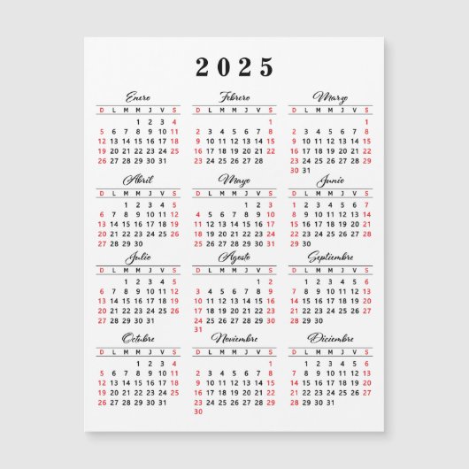 Spanischer Kalender 2025 Weißes Schwarzes Rot Magnetkarte (Vorderseite)