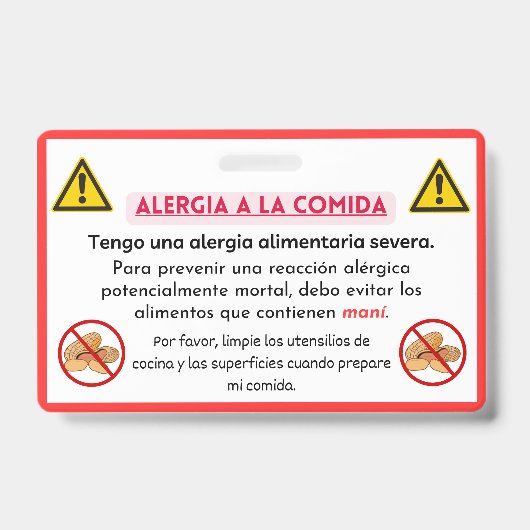 Spanischer Koch für Erdnussallergie Ausweis (Vorderseite)