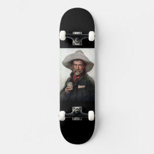 Spanischer Rancherocowboy in einem Saloon des alte Skateboard