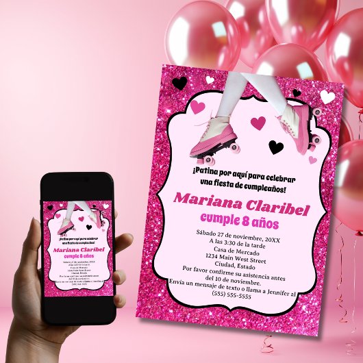 Spanischer Retro Pink Glitzer Skaten Girl's Birthd Einladung