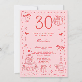 Spanischer Retro Quirky Roter Rosa 30. Geburtstag Einladung