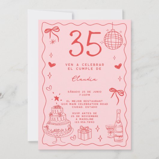 Spanischer Retro Quirky Roter Rosa 35. Geburtstag Einladung (Vorderseite)