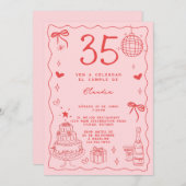 Spanischer Retro Quirky Roter Rosa 35. Geburtstag Einladung (Vorne/Hinten)