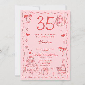 Spanischer Retro Quirky Roter Rosa 35. Geburtstag Einladung