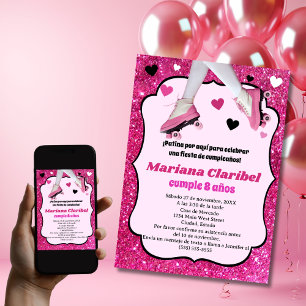 Spanischer Retro-Rosa-Glitzer-Eislauf-Geburtstag f Einladung