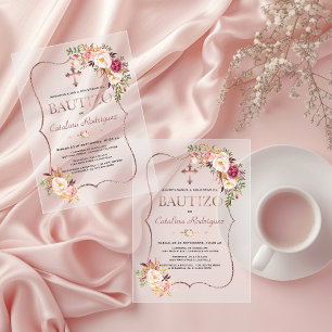 Spanischer Rosé-Blush mit Blumen Rose Gold Taufe Acryleinladungen