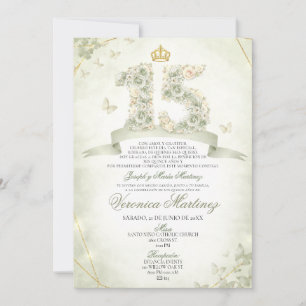 Spanischer Salbei Grün Floral Gold Krone Sweet 15 Einladung