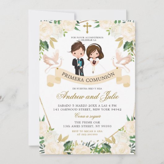 Spanischer Schwuler und Mädchen Erste Heilige Komm Einladung (Vorderseite)
