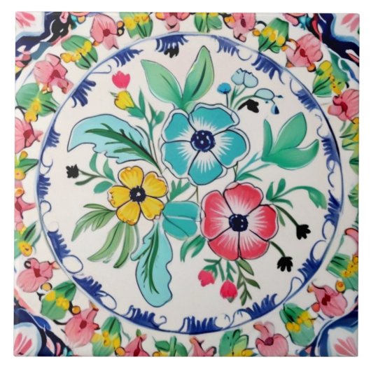 Spanischer Sommer Farbige Blumen Pink & Blaue Blum Fliese (Vorderseite)