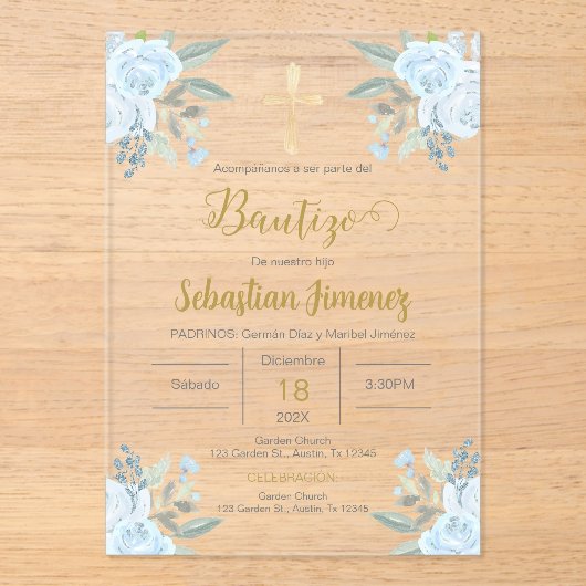 Spanischer Taufbote Acryleinladungen (Vorderseite)