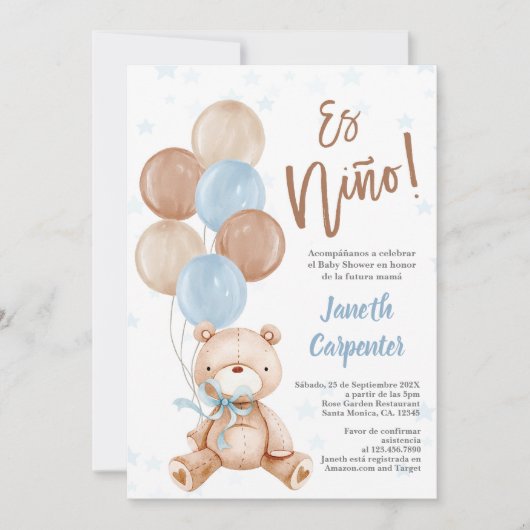 Spanischer Teddy Bear Baby Duschjunge Einladung (Vorderseite)