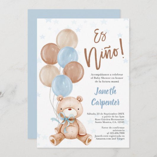 Spanischer Teddy Bear Baby Duschjunge Einladung (Vorne/Hinten)