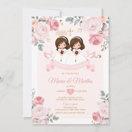 Spanischer Twin Niedlich Little Girl Primera Comun Einladung (Vorderseite)