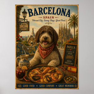 Spanischer Wasserhund in Barcelona Vintage Reisepl Poster