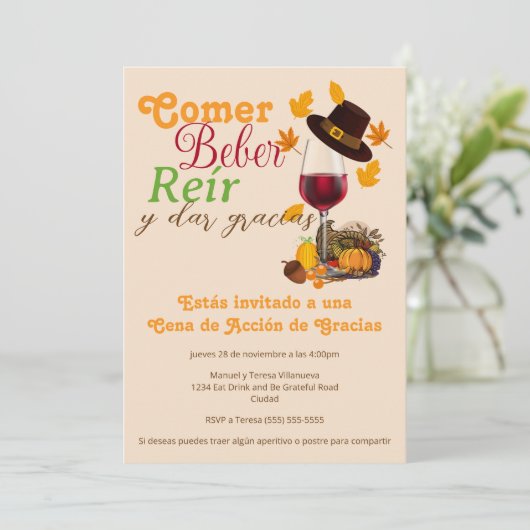 Spanischer Wein Glas essen Drink Erntedank Abendes Einladung (Stehend Vorderseite)