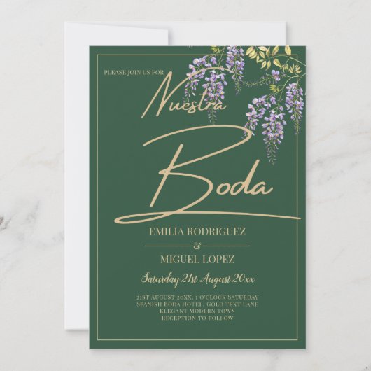 Spanisches All-in1 WISTERIA Gold Text Grün BODA Einladung (Vorderseite)